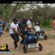 Group doing a teambuilding challenge on go carts